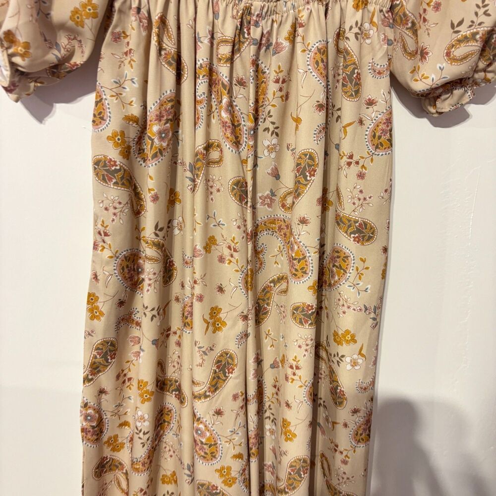 Three Bird Nest Jumpsuit Womens Small Beige Bohemian Paisley‎ Print Puff Sleeve - Picture 5 of 8